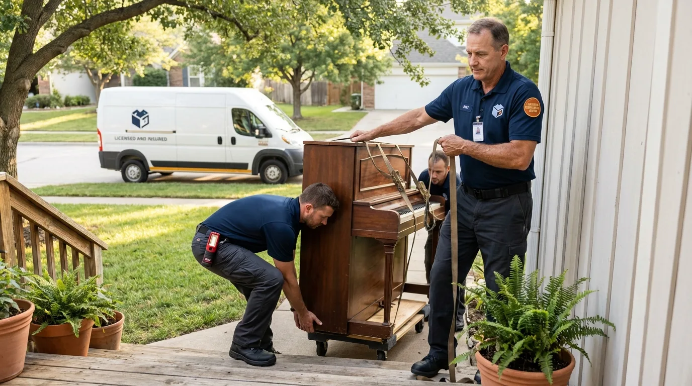 Licensed piano movers securing grand piano in Newport, TN