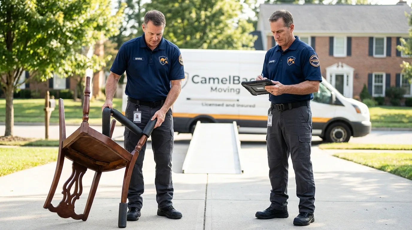 Movers inspecting furniture for damage prevention before loading in Newport, TN