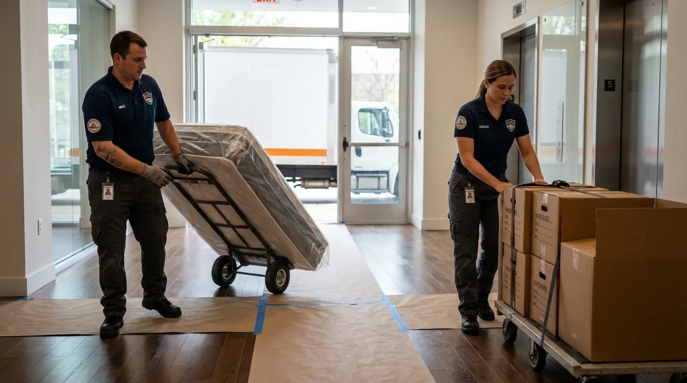 Professional apartment movers loading elevator in Newport, TN