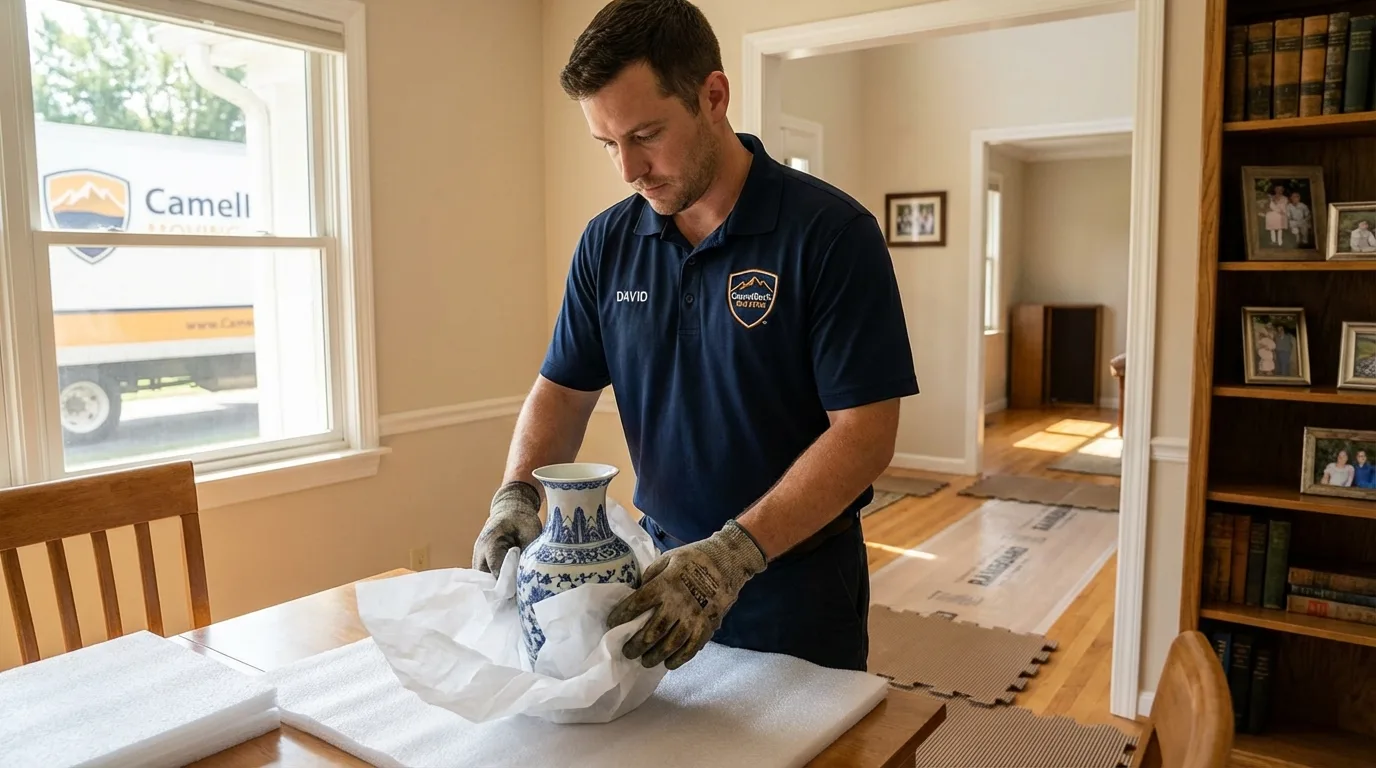 Professional crew carefully wrapping antique vase for senior downsizing move in Newport, TN